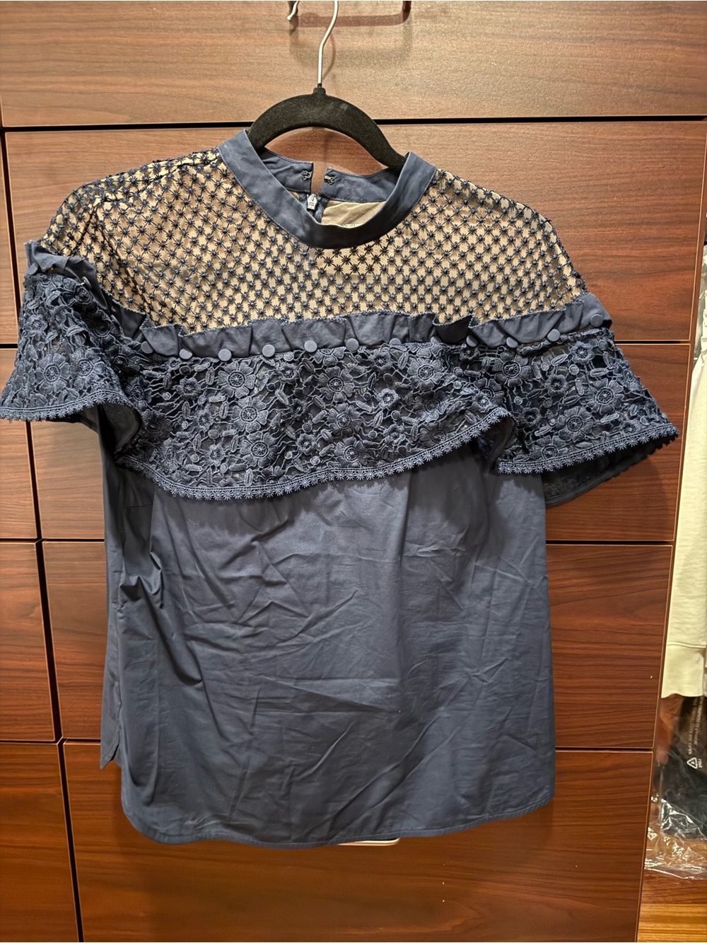 Self-Portrait Navy Lace & Mesh Ruffle Top - Picture 3 of 7